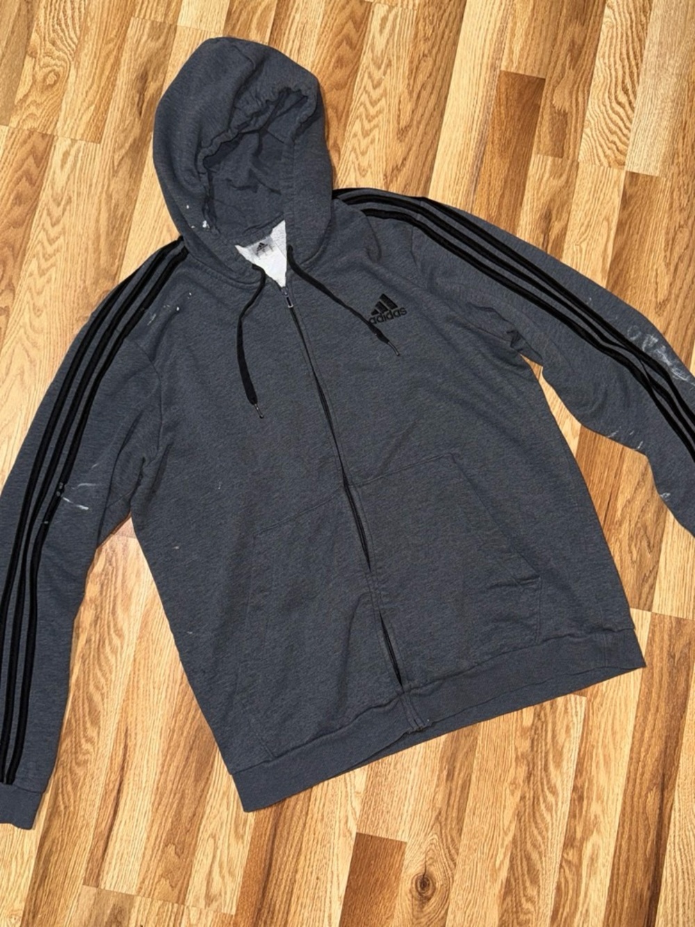 adidas Men’s Charcoal Gray Full-Zip Hooded Jacket with Black Stripes